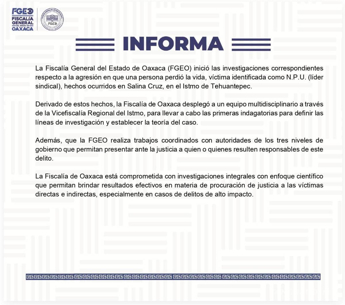 $!Fiscalía de Oaxaca confirma asesinato de Noé Pérez Urquidi, líder sindical, en Salina Cruz