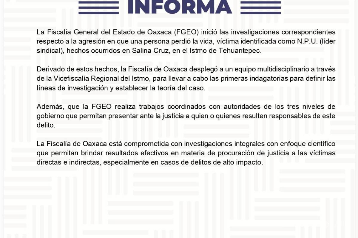 $!Fiscalía de Oaxaca confirma asesinato de Noé Pérez Urquidi, líder sindical, en Salina Cruz