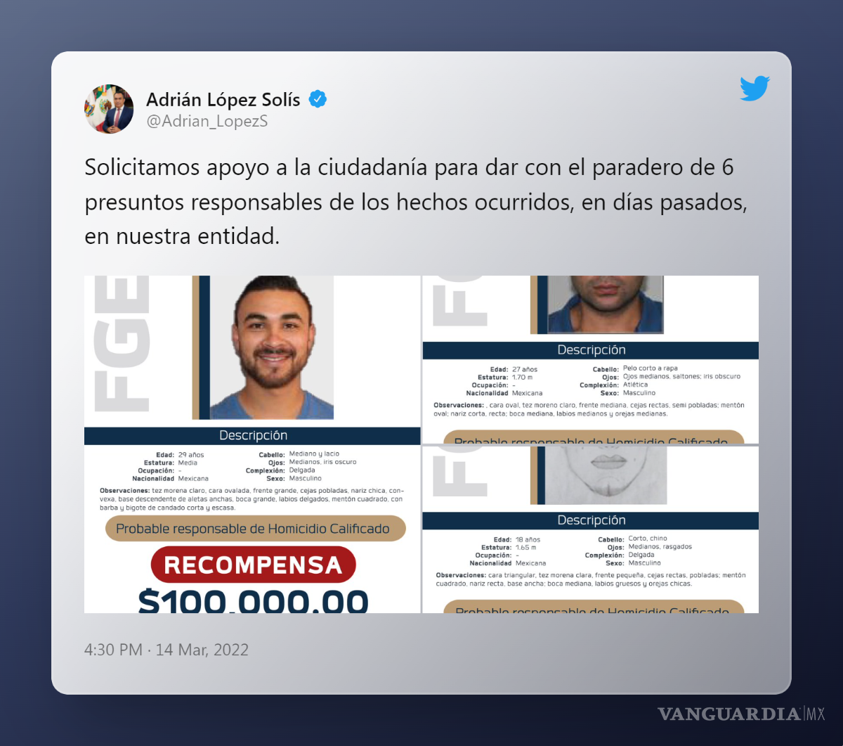 $!FGE ofrece recompensa por información que facilite la detención de 6 de los presuntos responsables de la masacre en Michoacán