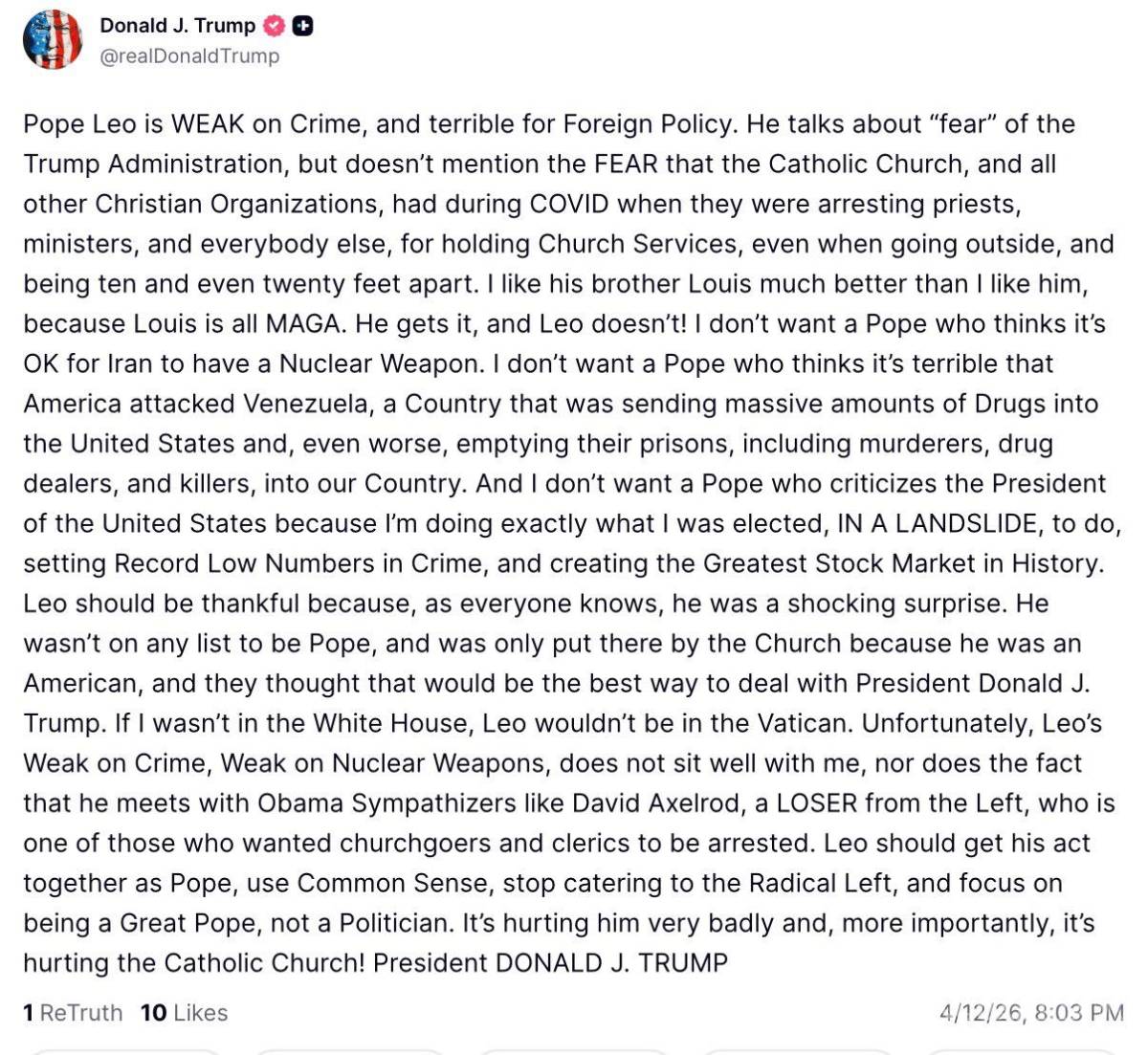 $!Donald Trump publica imagen como Jesucristo tras arremeter contra el Papa León XIV por postura sobre guerra