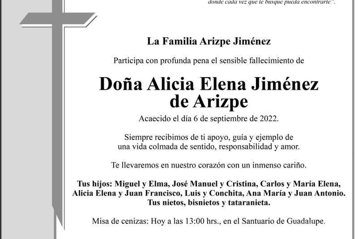 Fallece doña Alicia Elena Jiménez de Arizpe a los 94 años