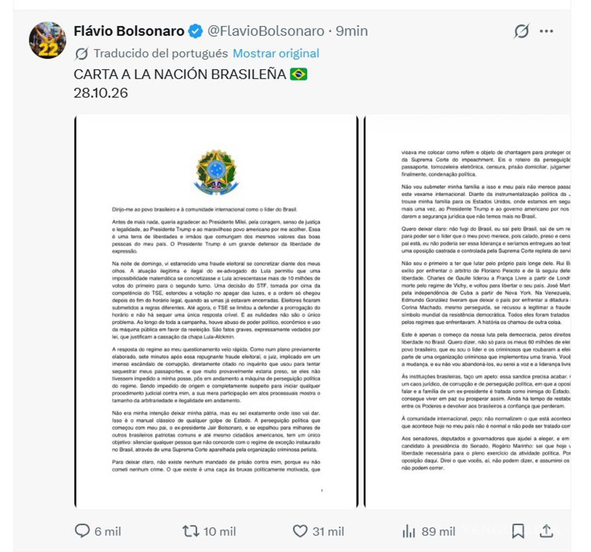 $!Captura de una publicación en la cuenta en X del senador ultraderechista Flávio Bolsonaro, en la que se declarael verdadero presidente electo de Brasil.