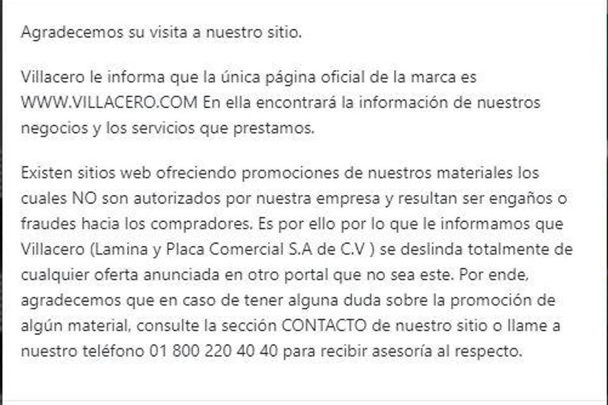 $!Al ingresar a su portal oficial, Villacero advierte que existen otros sitios web que engañan a compradores.