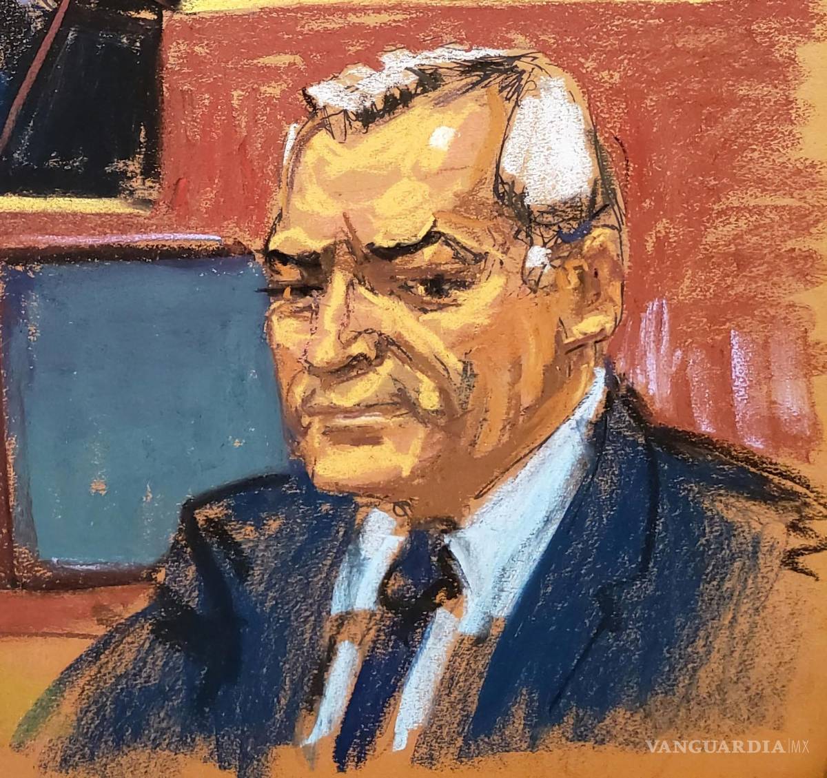 $!Reproducción fotográfica de un dibujo realizado por la artista Jane Rosenberg donde aparece el ex secretario de Seguridad Pública mexicano, Genaro García Luna.