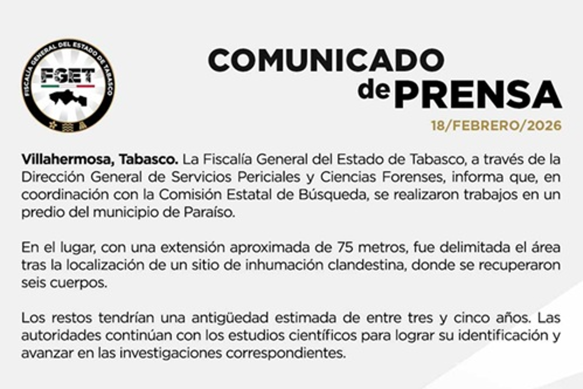 $!Fiscalía General de Tabasco confirma hallazgo de fosa clandestina con 6 cuerpos en Paraíso