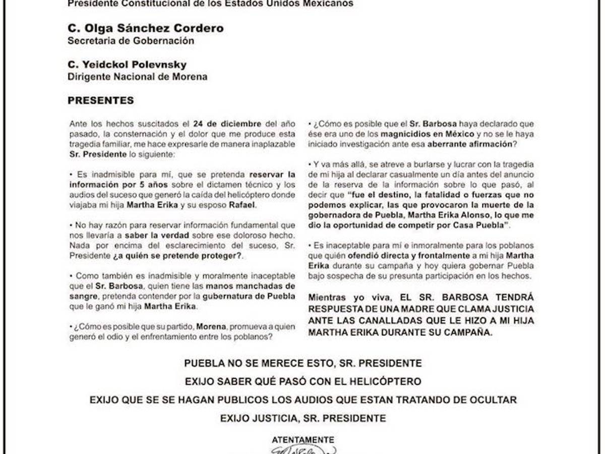 $!Madre de Martha Erika Alonso: Miguel Barbosa tiene “las manos manchadas de sangre”; le exige justicia a AMLO