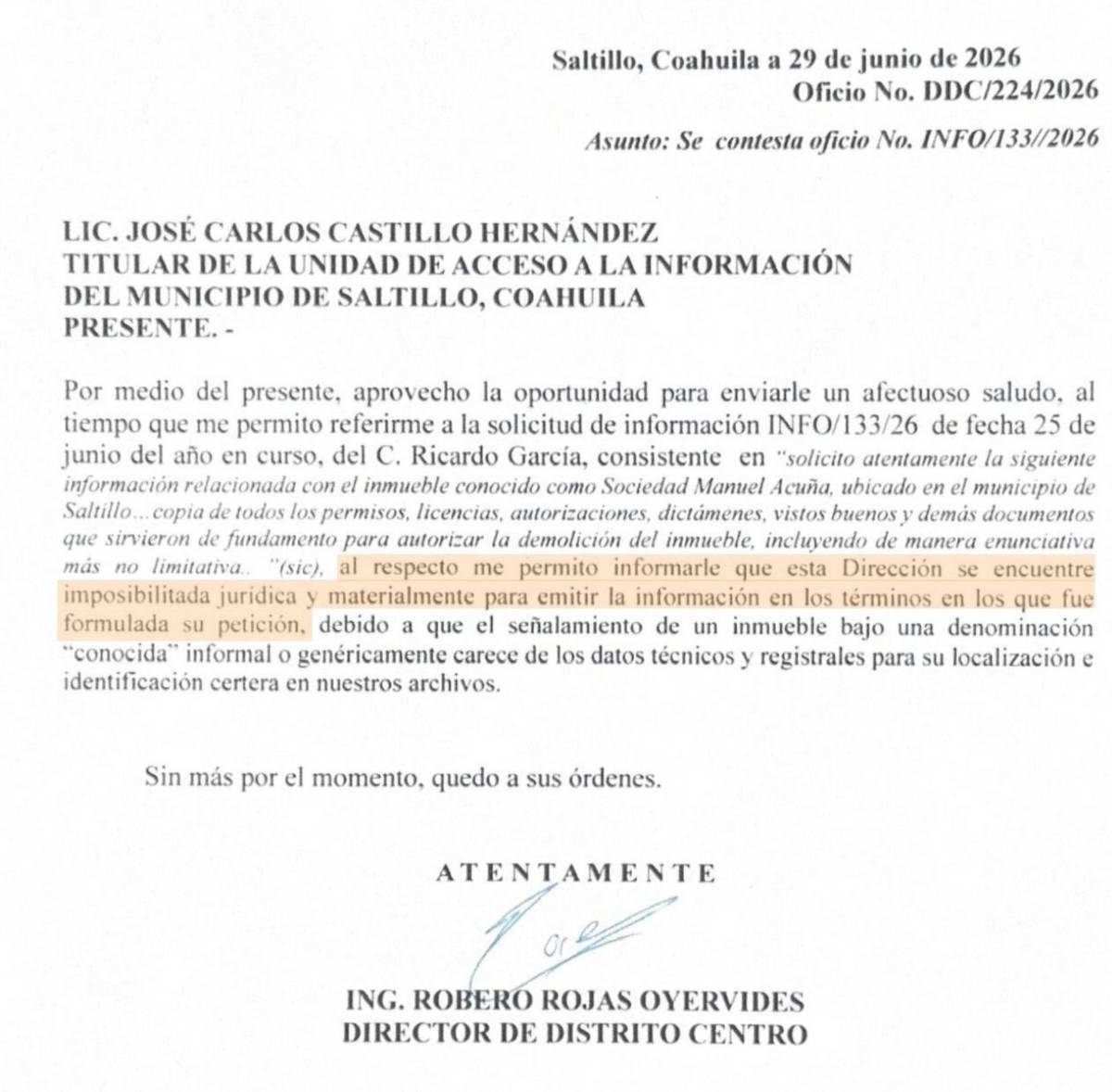 $!Respuesta de la Dirección de Distrito Centro.