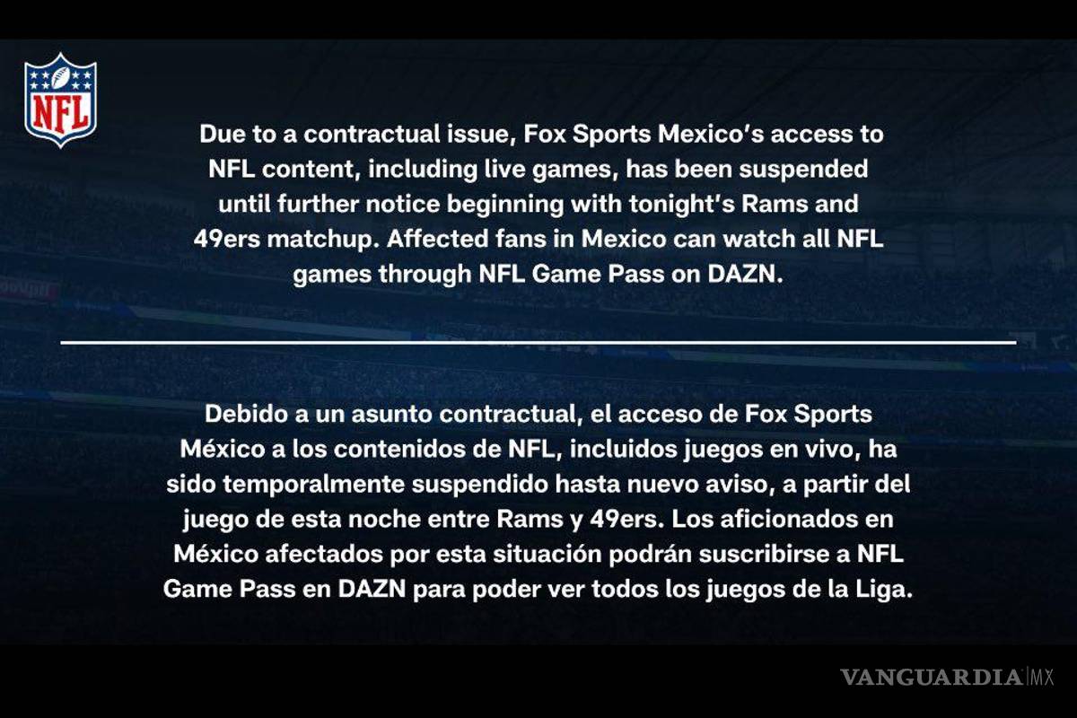 $!Este fue el comunicado que lanzó la NFL sobre el asunto con Fox Sports México.