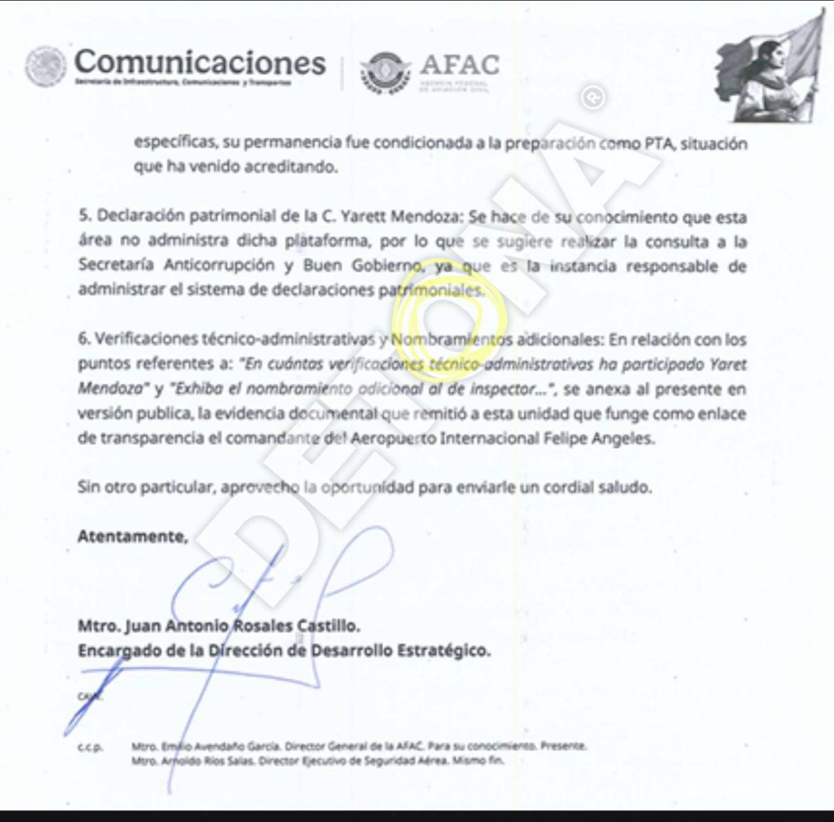 $!Documento firmado por Juan Antonio Rosales Carrillo, encargado de la Dirección de Desarrollo estratético.