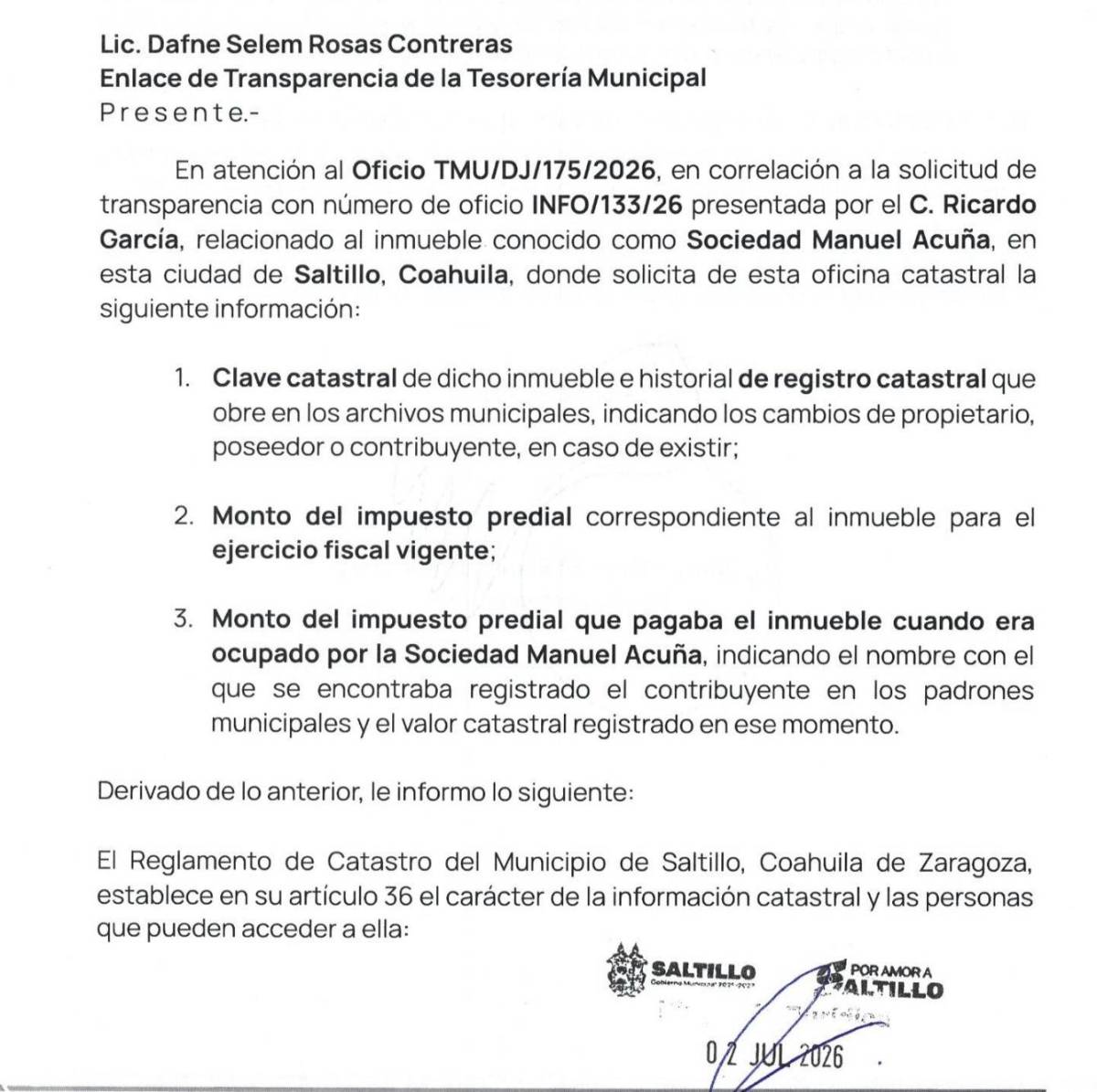 $!Respuesta de la Dirección de Catastro.