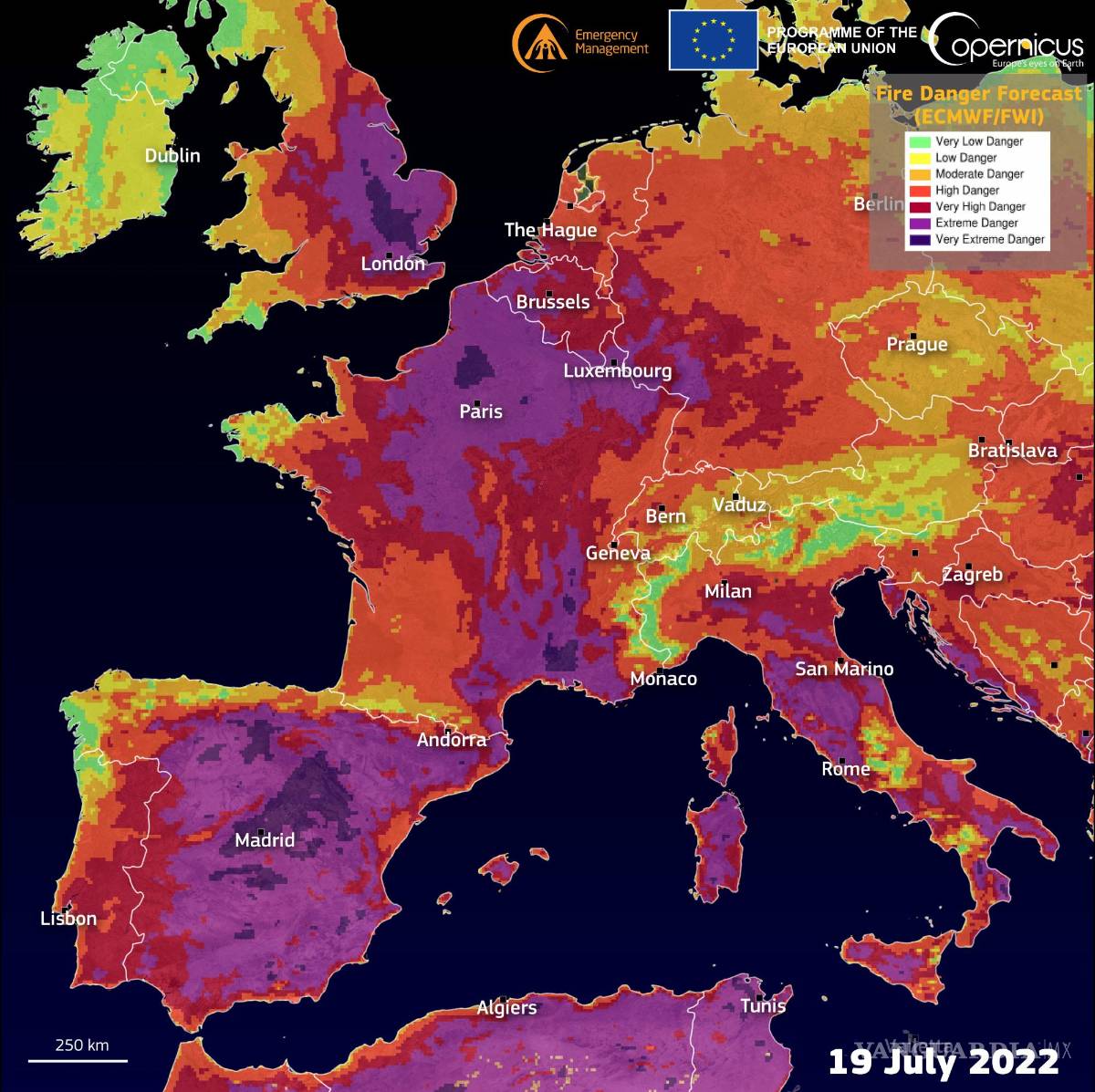 $!El pronóstico del índice meteorológico de incendios (FWI) del Sistema Europeo de Información sobre Incendios Forestales (EFFIS) para Europa occidental.