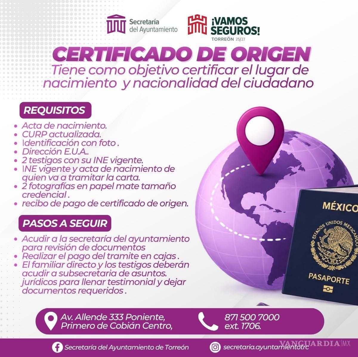 $!La Secretaría del Ayuntamiento de Torreón difundió los requisitos y el procedimiento para la expedición del Certificado de Origen.