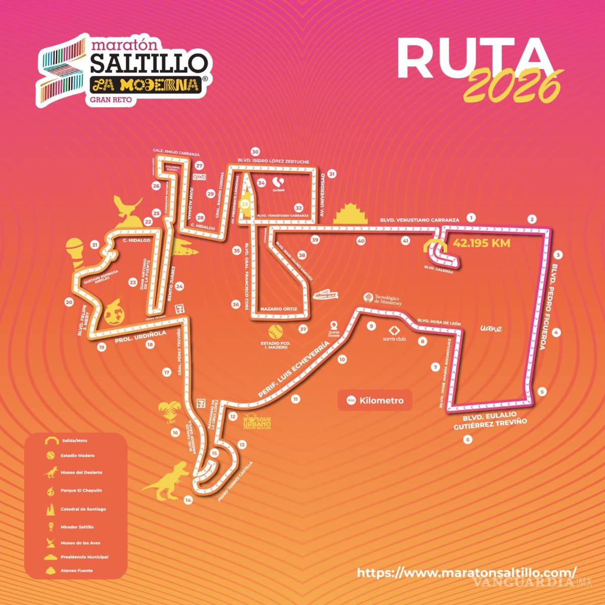 $!El recorrido de 42.195 kilómetros abarcará vialidades principales de Saltillo, con salida y meta en Parque Centro.