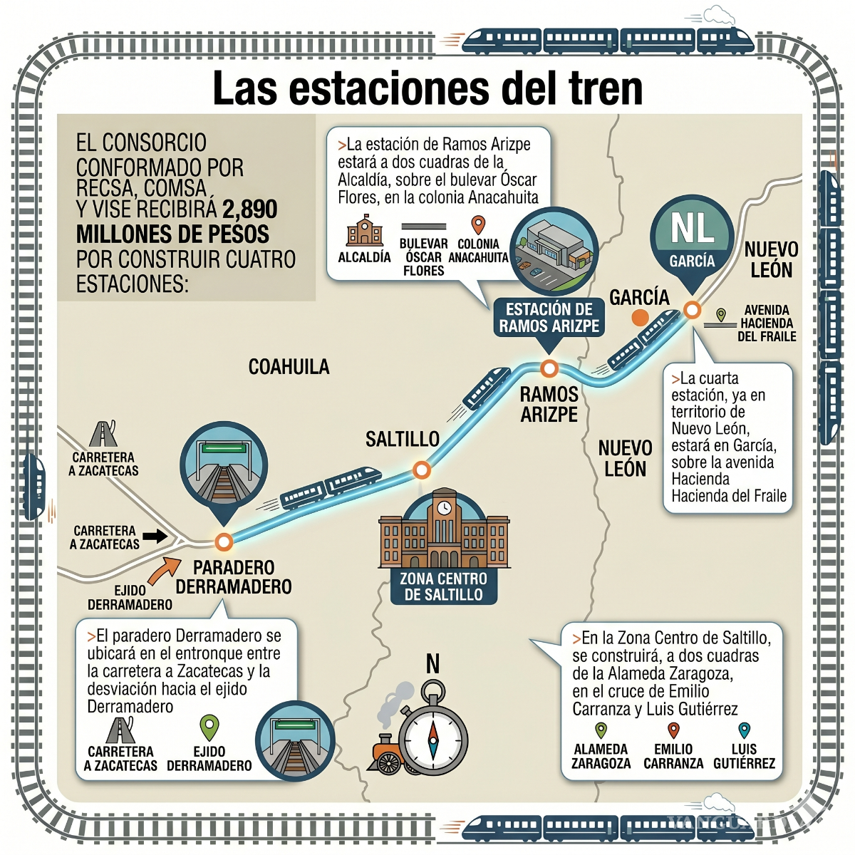 $!Tren Saltillo-Monterrey: otorgan construcción de estaciones a la española Comsa Infraestructuras