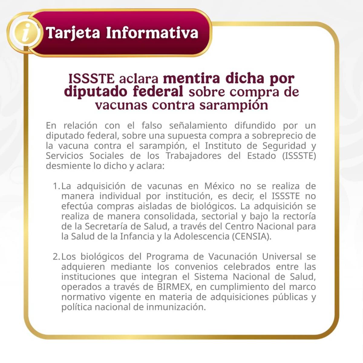 $!ISSSTE responde a acusaciones de sobreprecio en vacunas y niega irregularidades