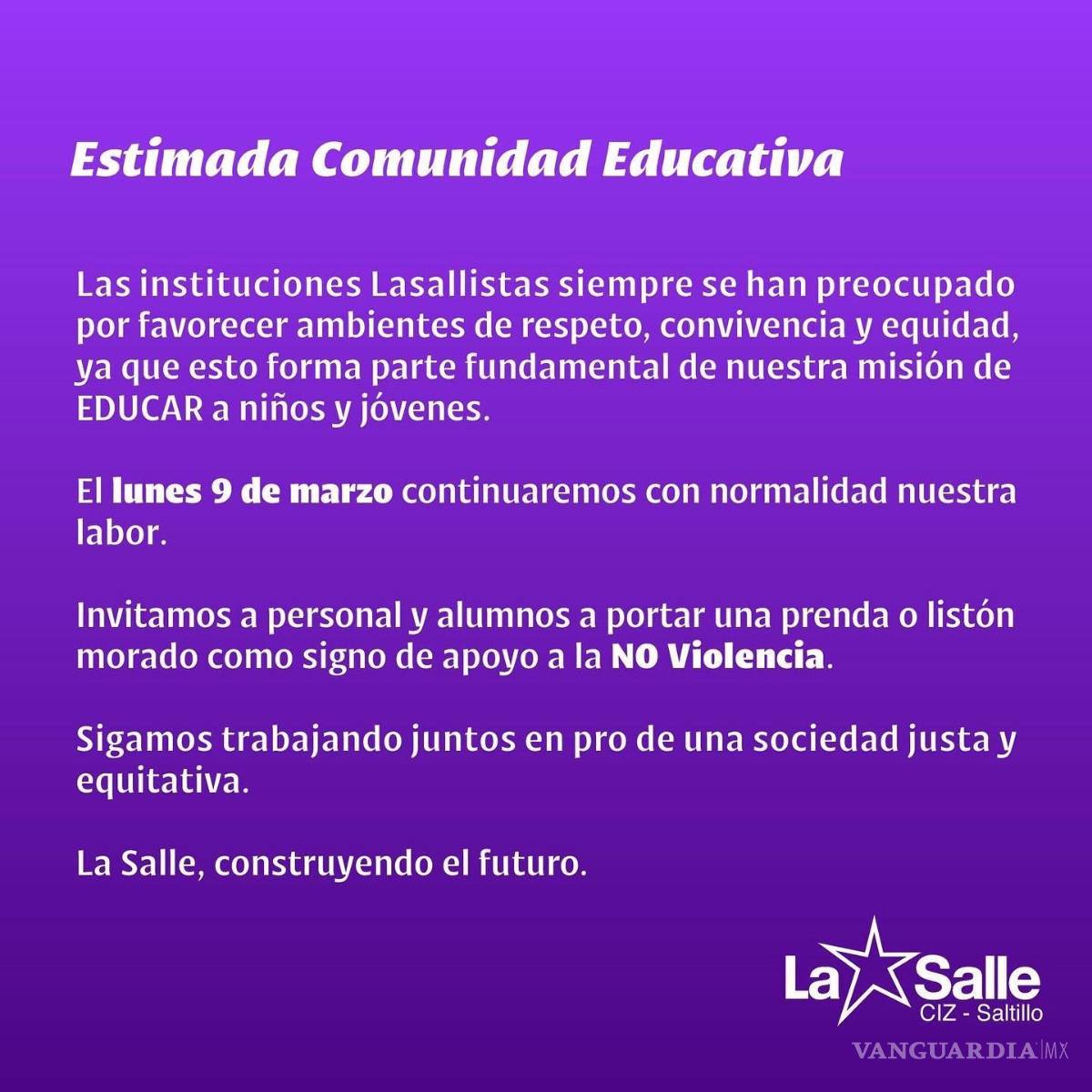 $!Colegio La Salle de Saltillo no suspenderá clases el 9 de marzo