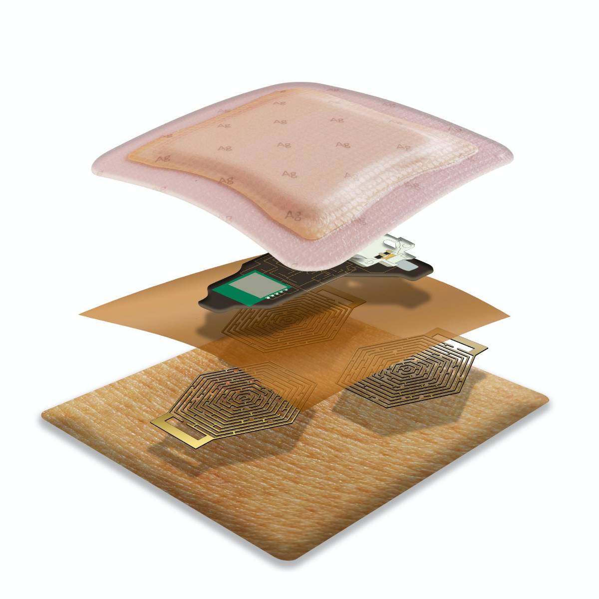 $!Esquema del sensor ECG, compuesto por un apósito autoadhesivo, elementos electrónicos y tres electrodos 'secos'.