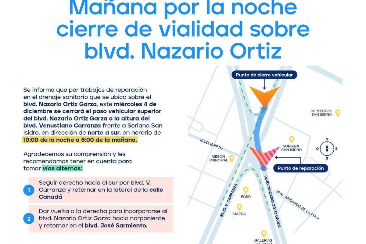 $!Saltillo: Cerrarán la noche del miércoles viaducto del distribuidor que conecta al bulevar V. Carranza con el Nazario