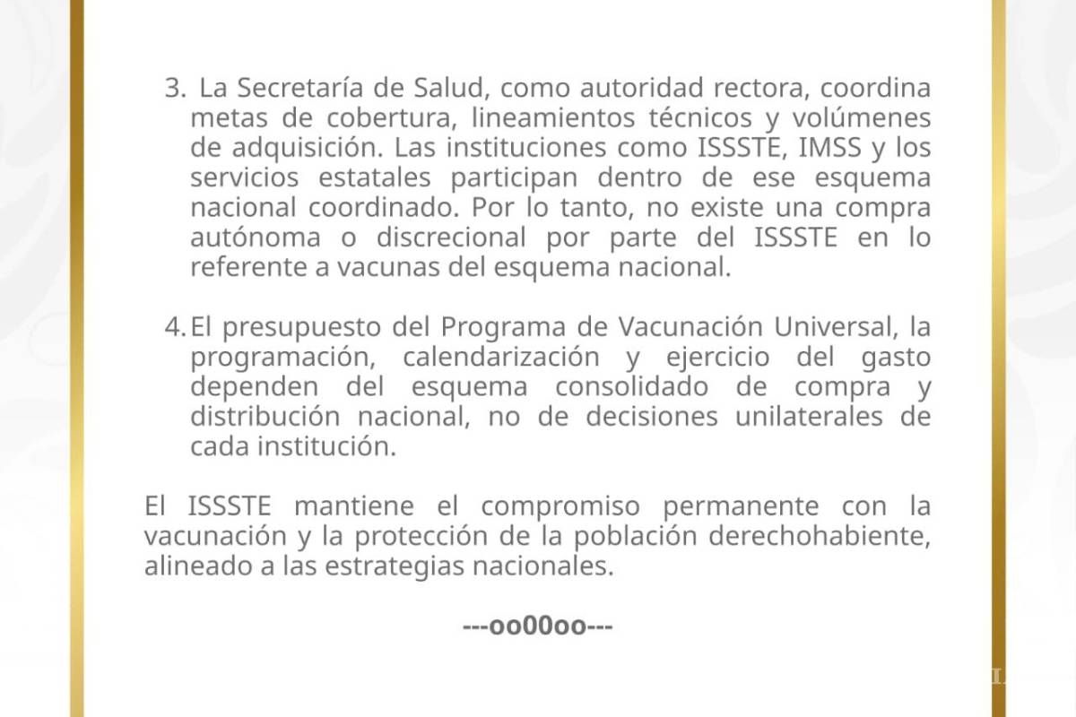$!ISSSTE responde a acusaciones de sobreprecio en vacunas y niega irregularidades