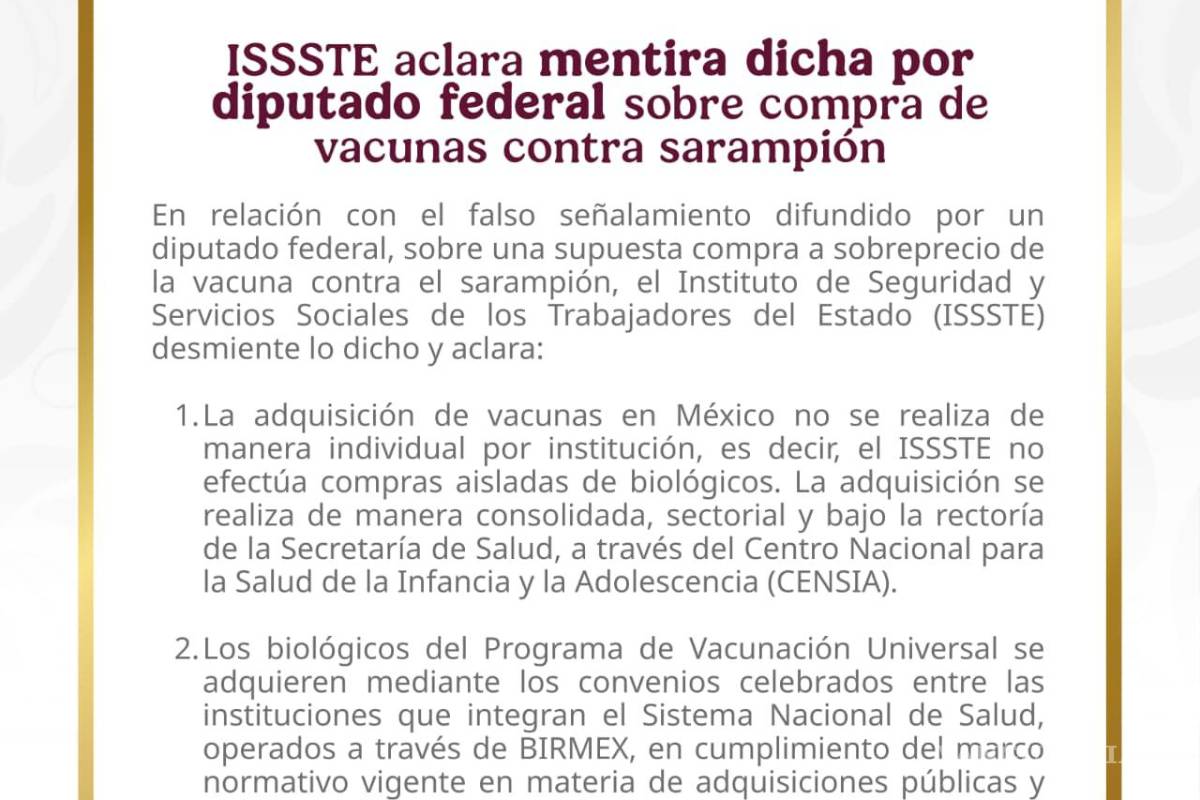 $!ISSSTE responde a acusaciones de sobreprecio en vacunas y niega irregularidades