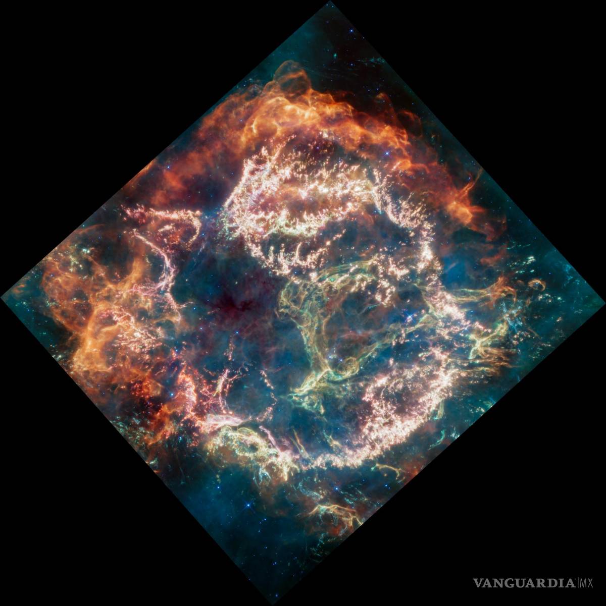 $!Una imagen en infrarrojo medio proporcionada por la NASA de la supernova Cassiopeia A desde el Telescopio Espacial James Webb.