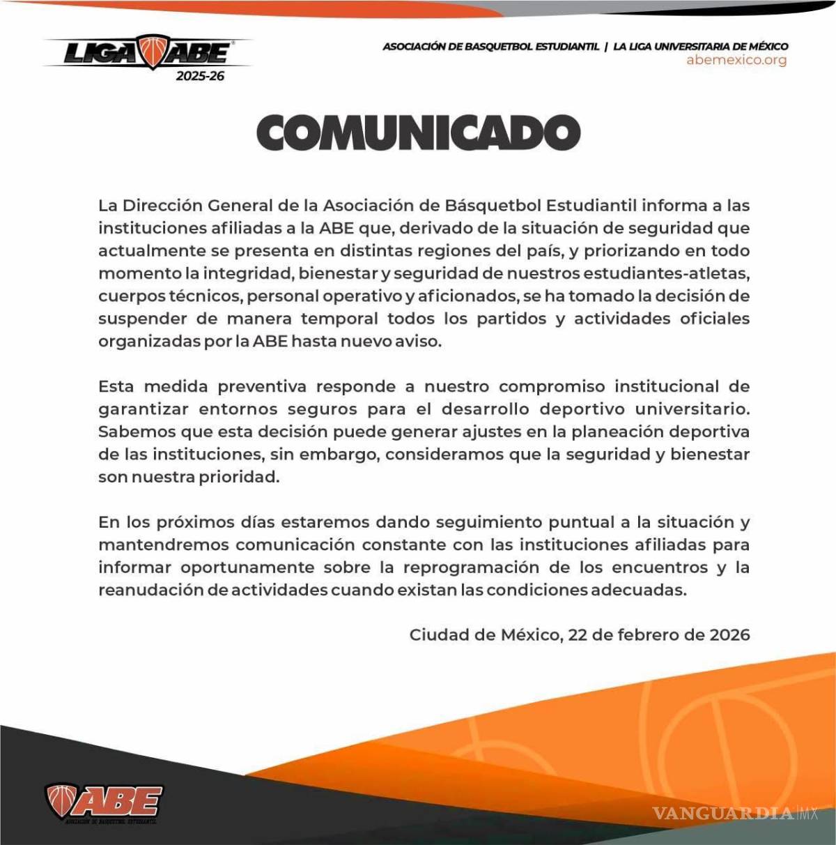 $!La ABE informó que la medida busca salvaguardar la integridad de atletas y cuerpos técnicos.