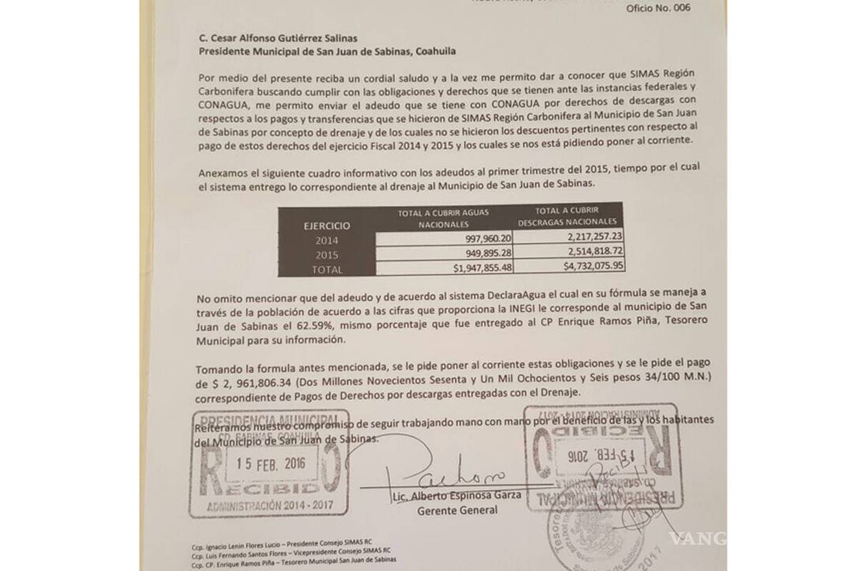 Gobierno de San Juan de Sabinas también le debe a CONAGUA