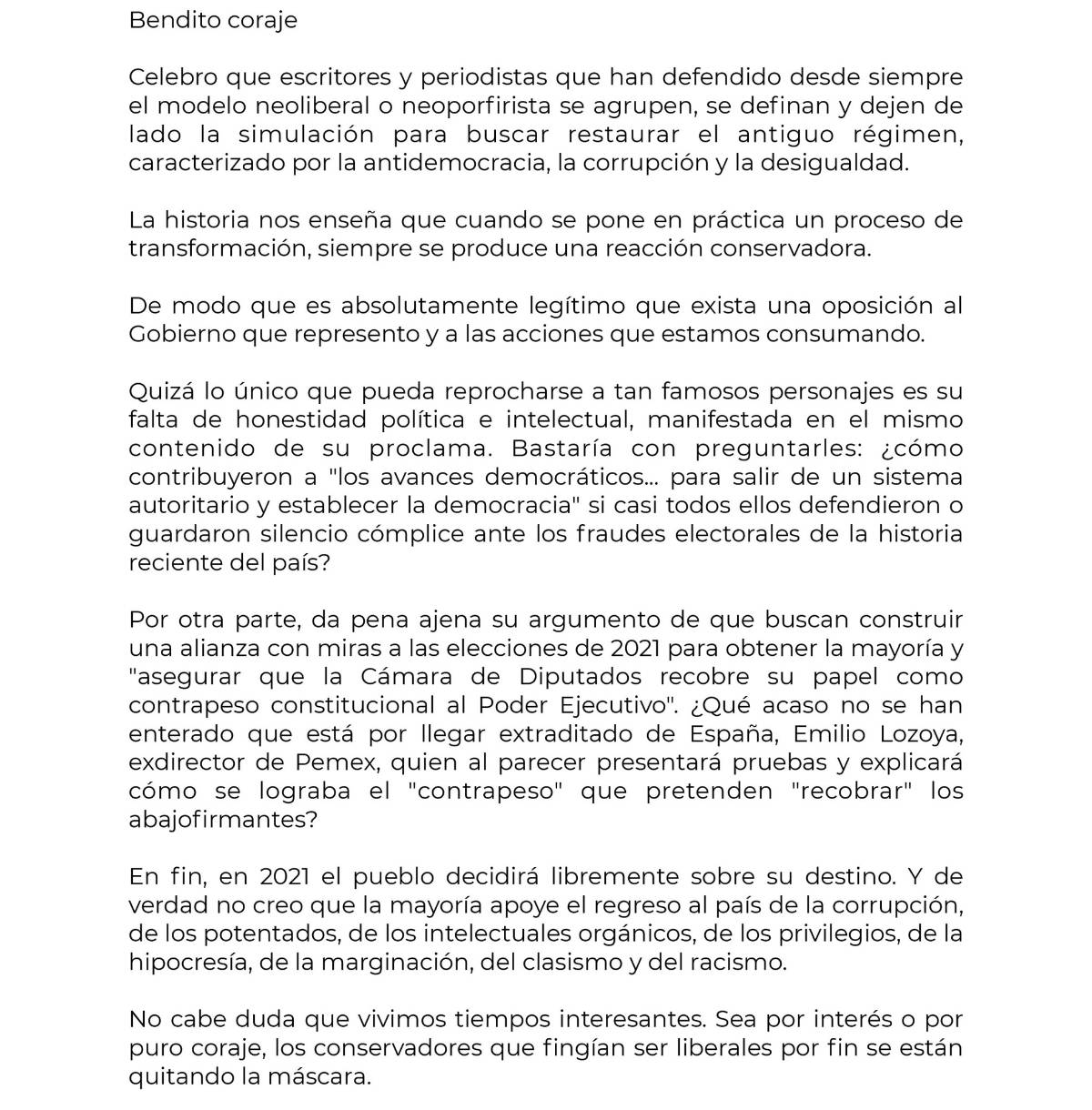 $!'Bendito coraje', así responde AMLO a 'intelectuales' que buscan crear alianza opositora