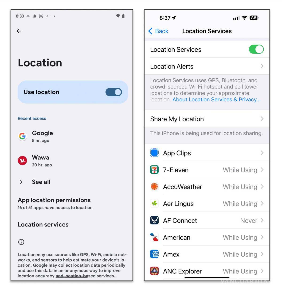 $!La función Ubicación en su teléfono Android, izquierda o iPhone también puede ayudarlo a encontrar un teléfono perdido.