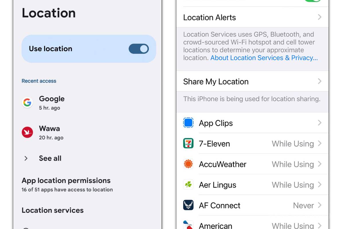 $!La función Ubicación en su teléfono Android, izquierda o iPhone también puede ayudarlo a encontrar un teléfono perdido.