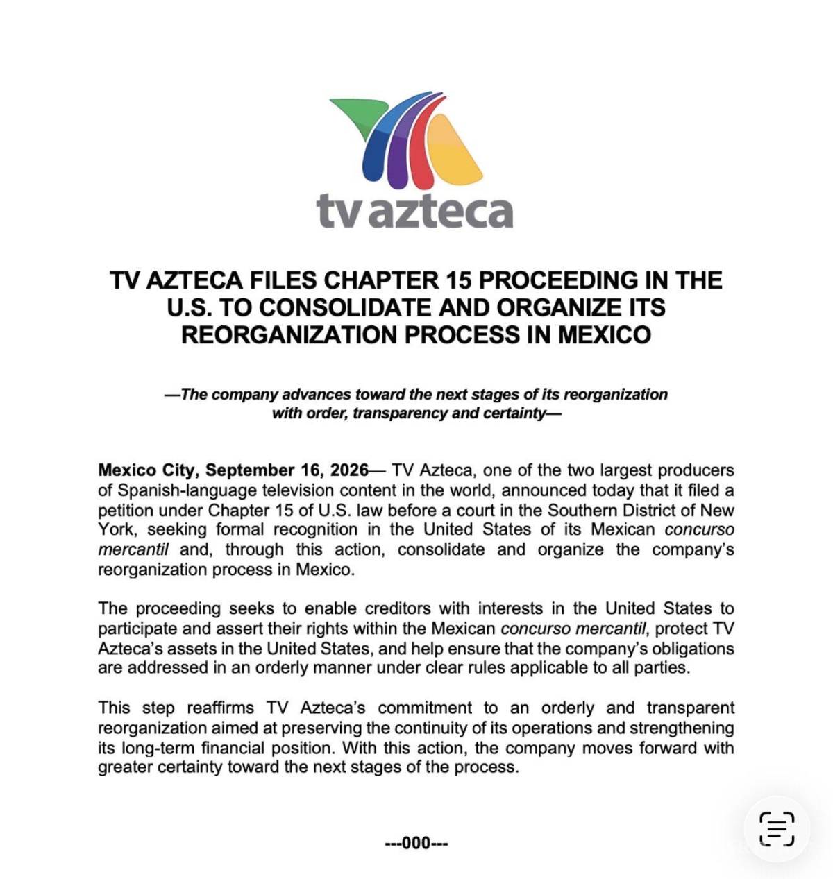 $!TV Azteca solicita en Estados Unidos reconocimiento de su concurso mercantil en México