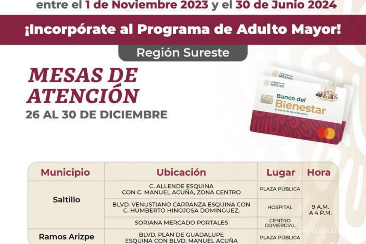 Coahuila: El 30 de diciembre cierran plazo para inscripción del programa 65 y más