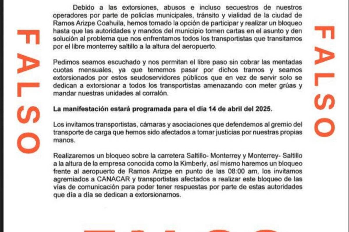 Canacar advierte sobre falso comunicado; asegura que no habrá ninguna manifestación tras abuso policíaco en RA