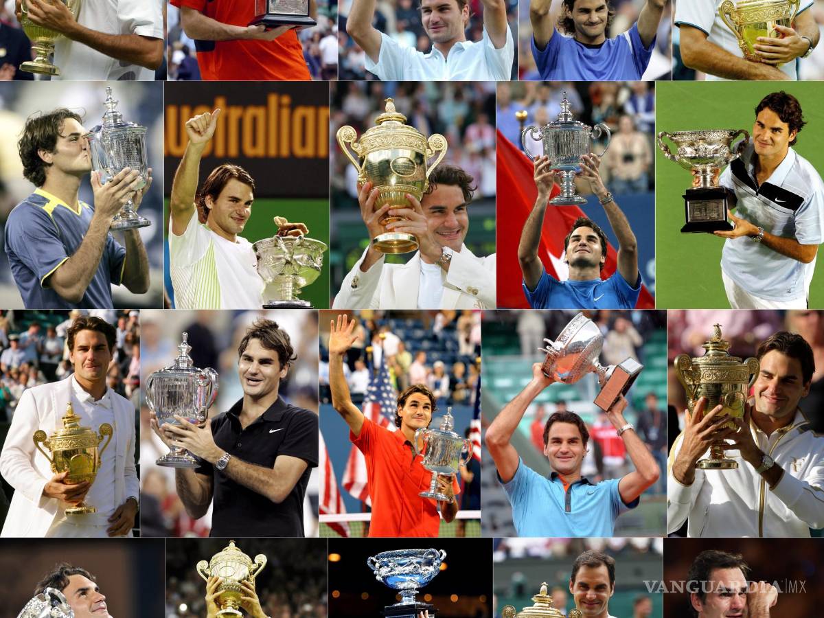 $!Una combinación de imágenes muestra al tenista suizo Roger Federer levantando el trofeo en los 20 torneos de Grand Slam que ganó durante su carrera.