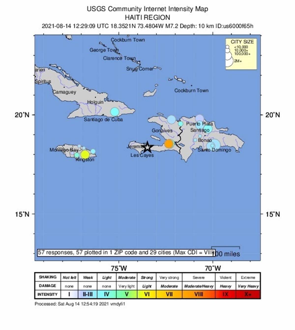 $!Gráfico de shakemap facilitado por el Servicio Geológico de los Estados Unidos (USGS) que muestra la ubicación del terremoto de magnitud 7.2 que golpeó cerca de Saint-Louis du Sud, Haití. El epicentro se registró a doce kilómetros al norte de Saint-Louis du Sud a una profundidad de diez kilómetros. EFE/EPA/USGS