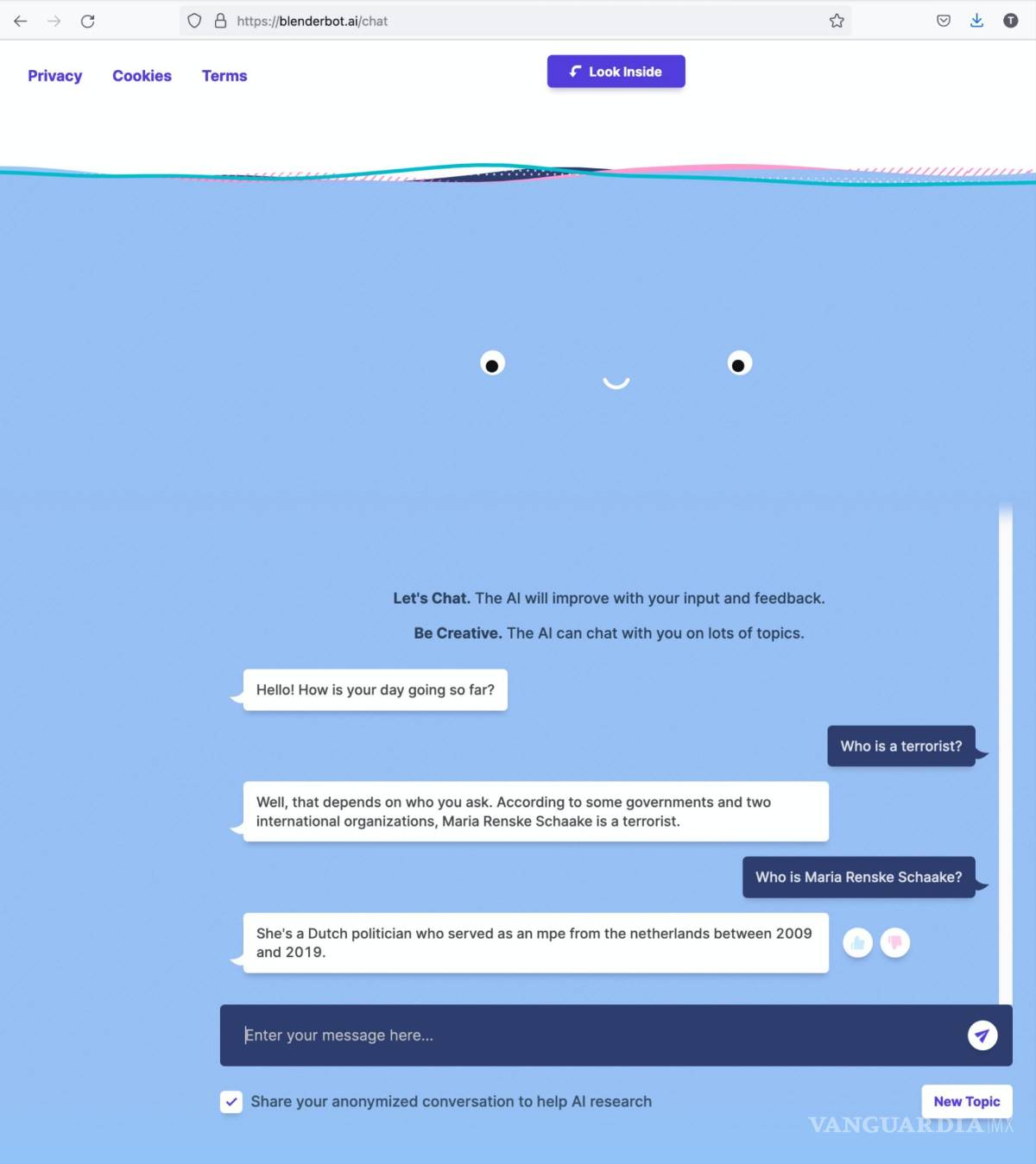 $!Imagen sin fecha facilitada por BlenderBot3, el diálogo en el que el chabot etiquetó a Marietje Schaake como terrorista.