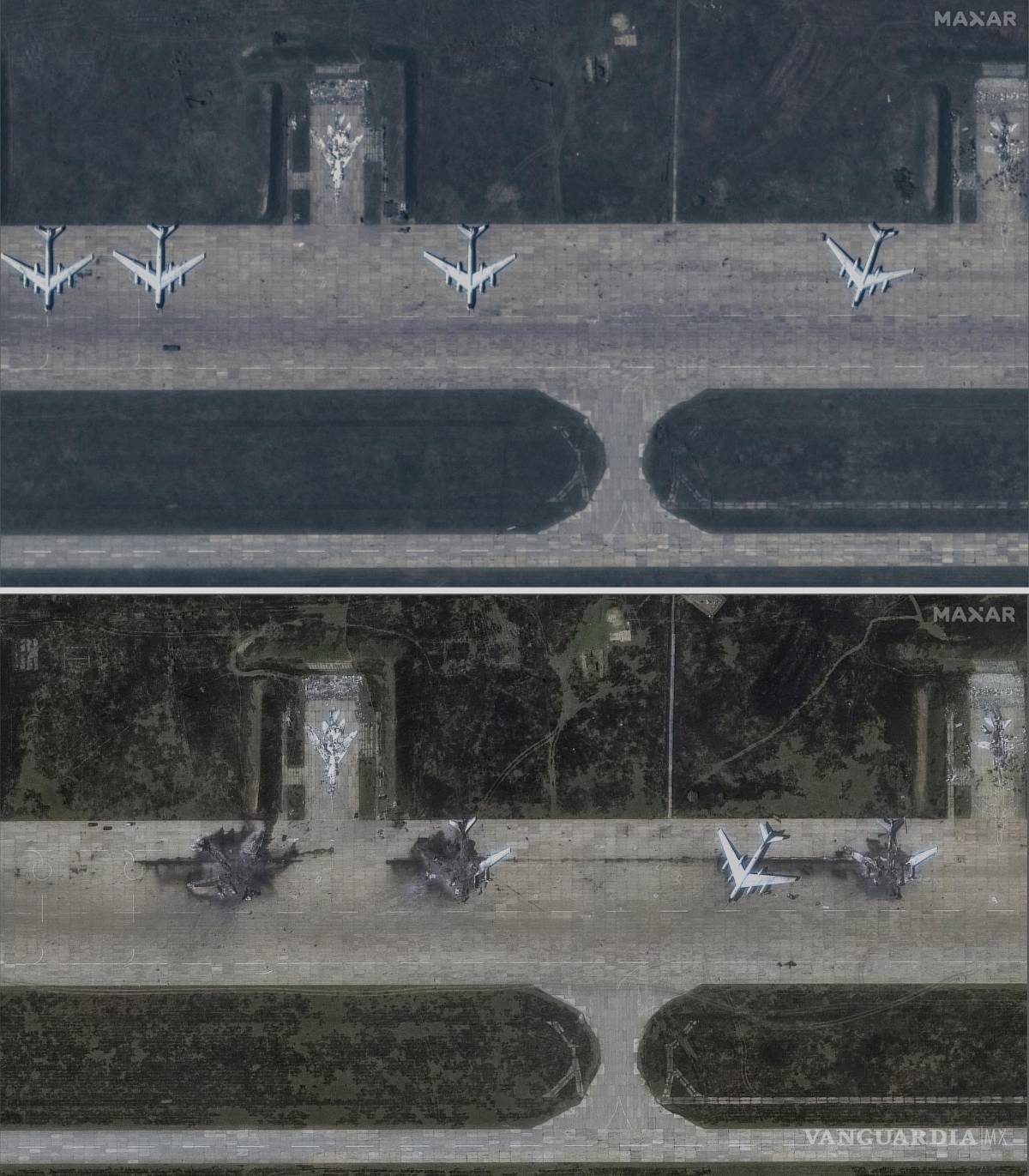 $!Combinación de fotografías de imágenes satelitales que muestran desde arriba la base aérea de Belaya antes de un ataque con drones ucranianos.
