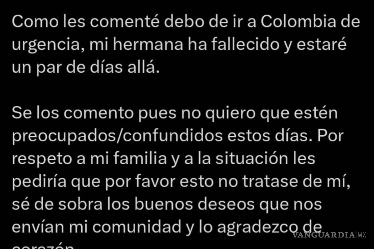 $!Juan Guarnizo informa a seguidores el fallecimiento de su hermana; viaja de emergencia a Colombia.