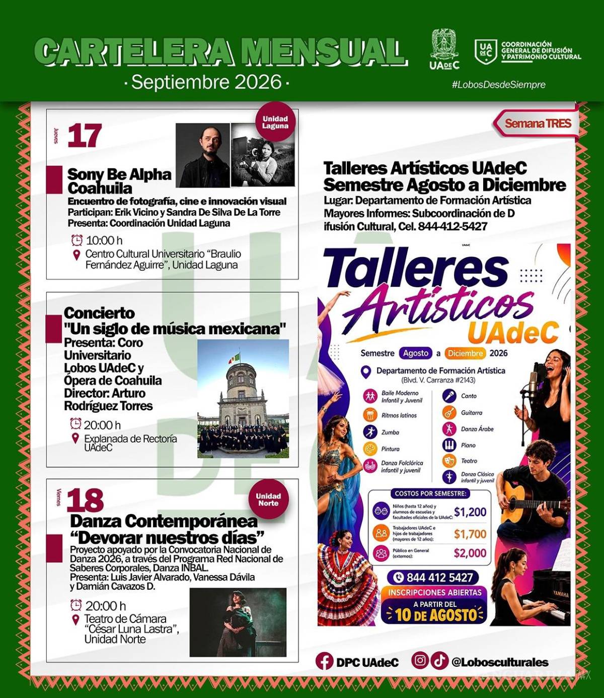 $!La oferta cultural también contempla danza contemporánea, conciertos y talleres artísticos, con actividades distribuidas entre las unidades Sureste, Norte y Laguna.