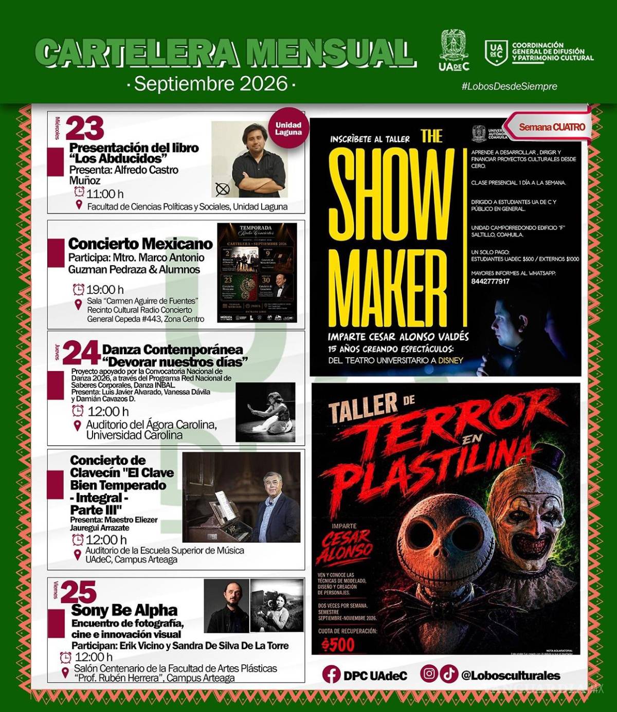 $!La última semana de septiembre incluye presentaciones de libros, conciertos y encuentros de fotografía, además de talleres dirigidos a la comunidad universitaria y al público en general.