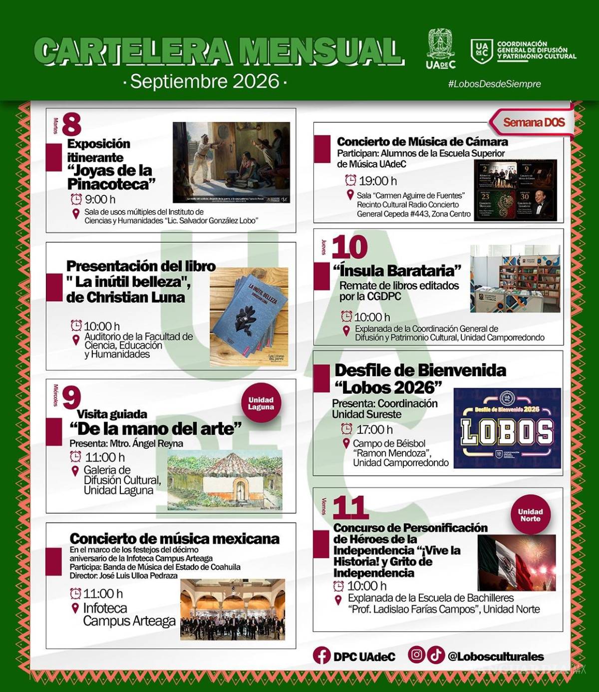 $!Exposiciones, presentaciones editoriales, conciertos y actividades para recibir a nuevos estudiantes forman parte de la programación prevista para la segunda semana de septiembre.
