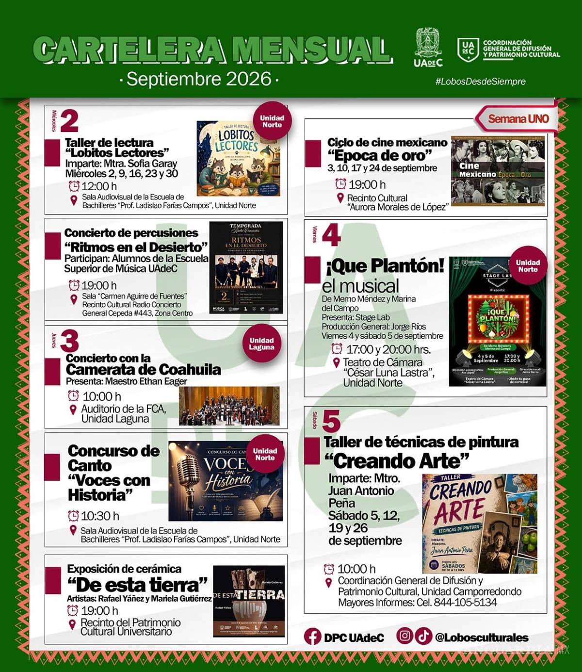 $!La cartelera arrancó con propuestas de música, cine, artes plásticas y teatro en las distintas unidades de la UAdeC, con actividades programadas desde los primeros días del mes.