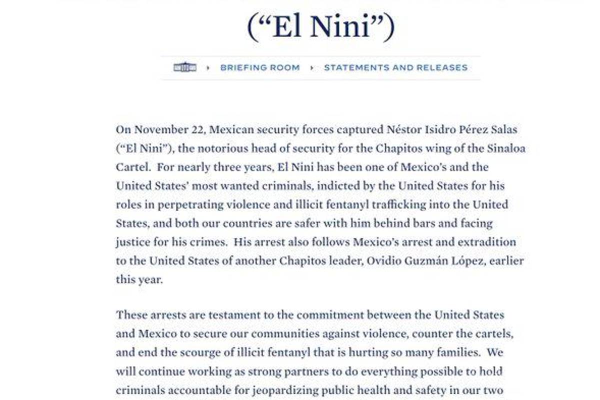 $!EU pide a México ‘pronta’ extradición de ‘El Nini’; Biden agradece captura del jefe de sicarios de ‘Los Chapitos’