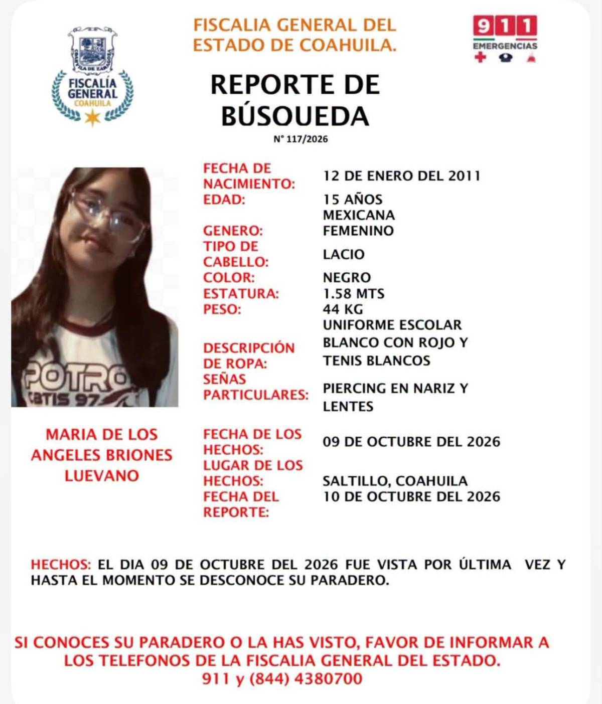 $!El CBTis 97 difundió un llamado para obtener información que permita localizar a la adolescente.