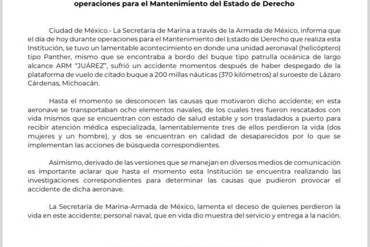 $!Helicóptero de la Marina se desplomó en Michoacán; reportan tres muertos y dos desaparecidos