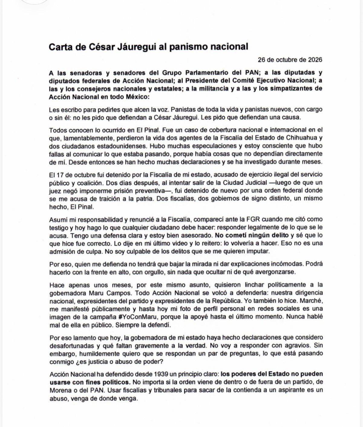 $!Carta de Jáuregui al PAN.