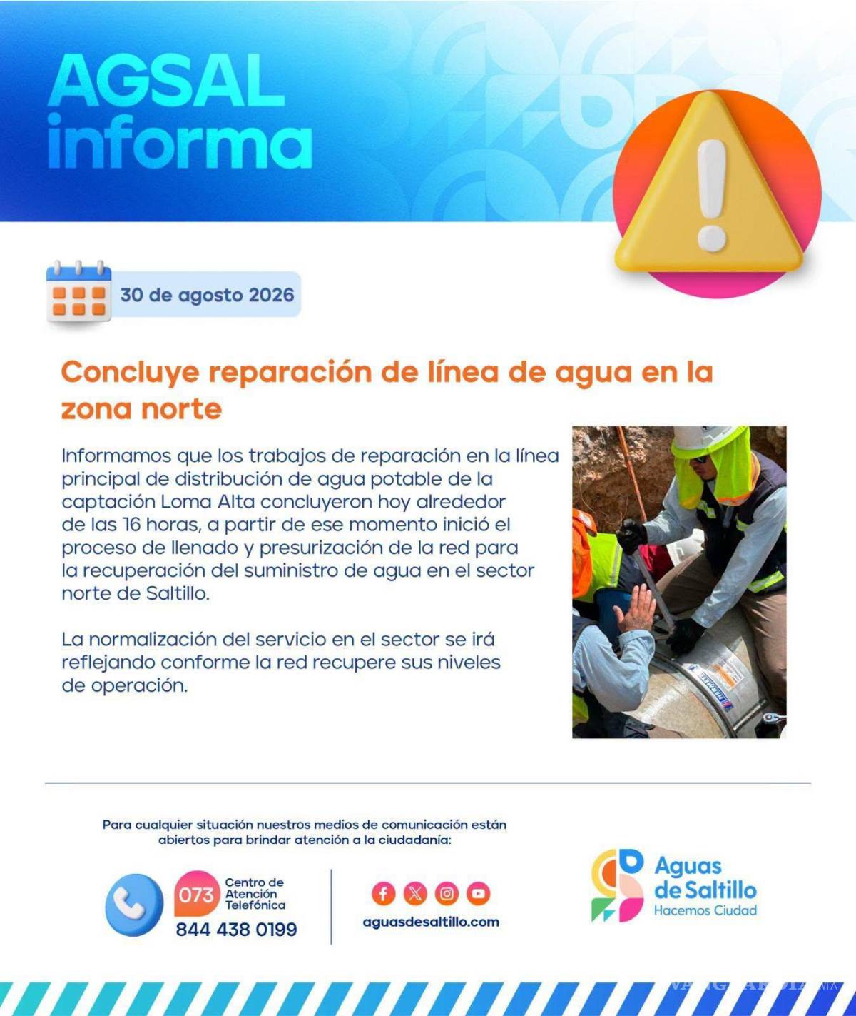 $!El organismo señaló que el suministro de agua se normalizará gradualmente conforme la red recupere sus niveles de operación.