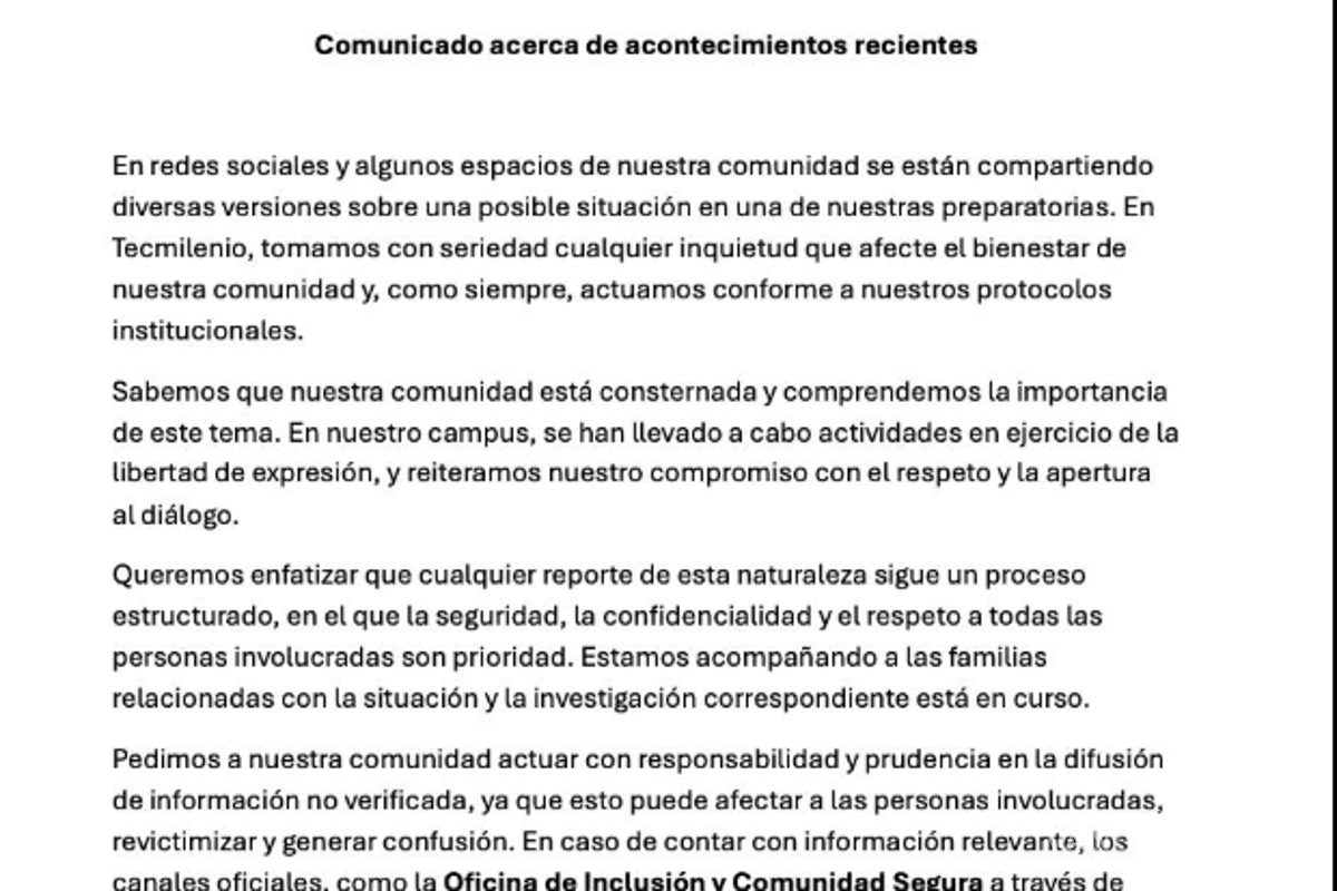 $!Comunicado del Tec Milenio: Campus Las Torres