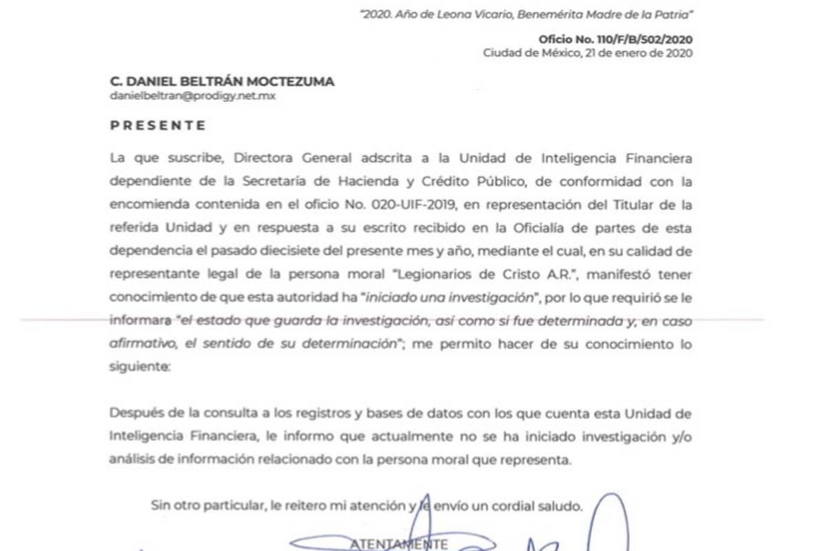 $!Legionarios de Cristo niegan que exista una investigación en su contra por parte de la Unidad de Inteligencia Financiera