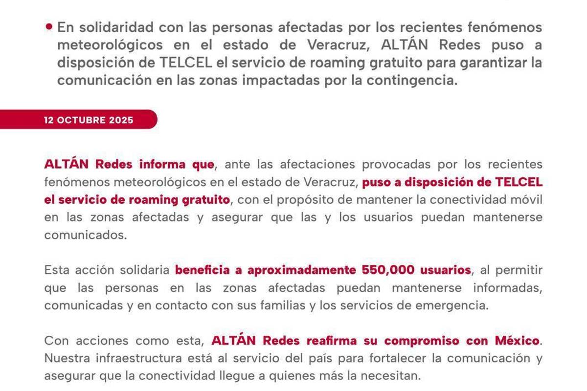 $!ALTÁN Redes y Telcel activan roaming gratuito para 550 mil personas en Veracruz tras inundaciones